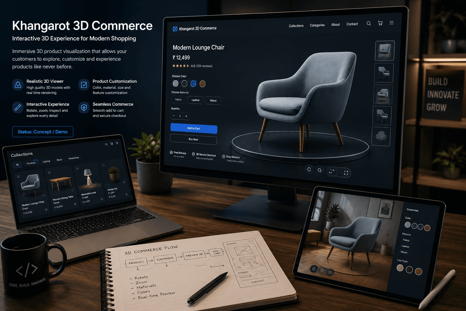 Interactive 3D commerce experience displayed across desktop, laptop and tablet