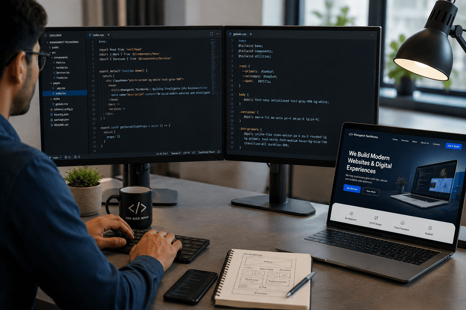 Dedicated Khangarot TechWorks web development workspace across responsive screens