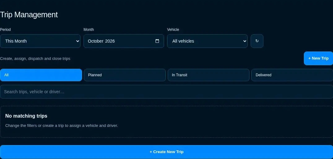 Real Khangarot Flow Trip Management interface showing trip filters and workflow states