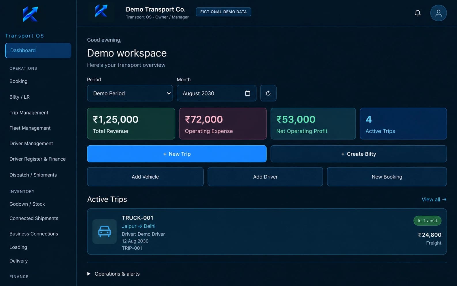 Khangarot Flow Transport OS dashboard with fictional demo company, vehicle, driver, trip and financial data