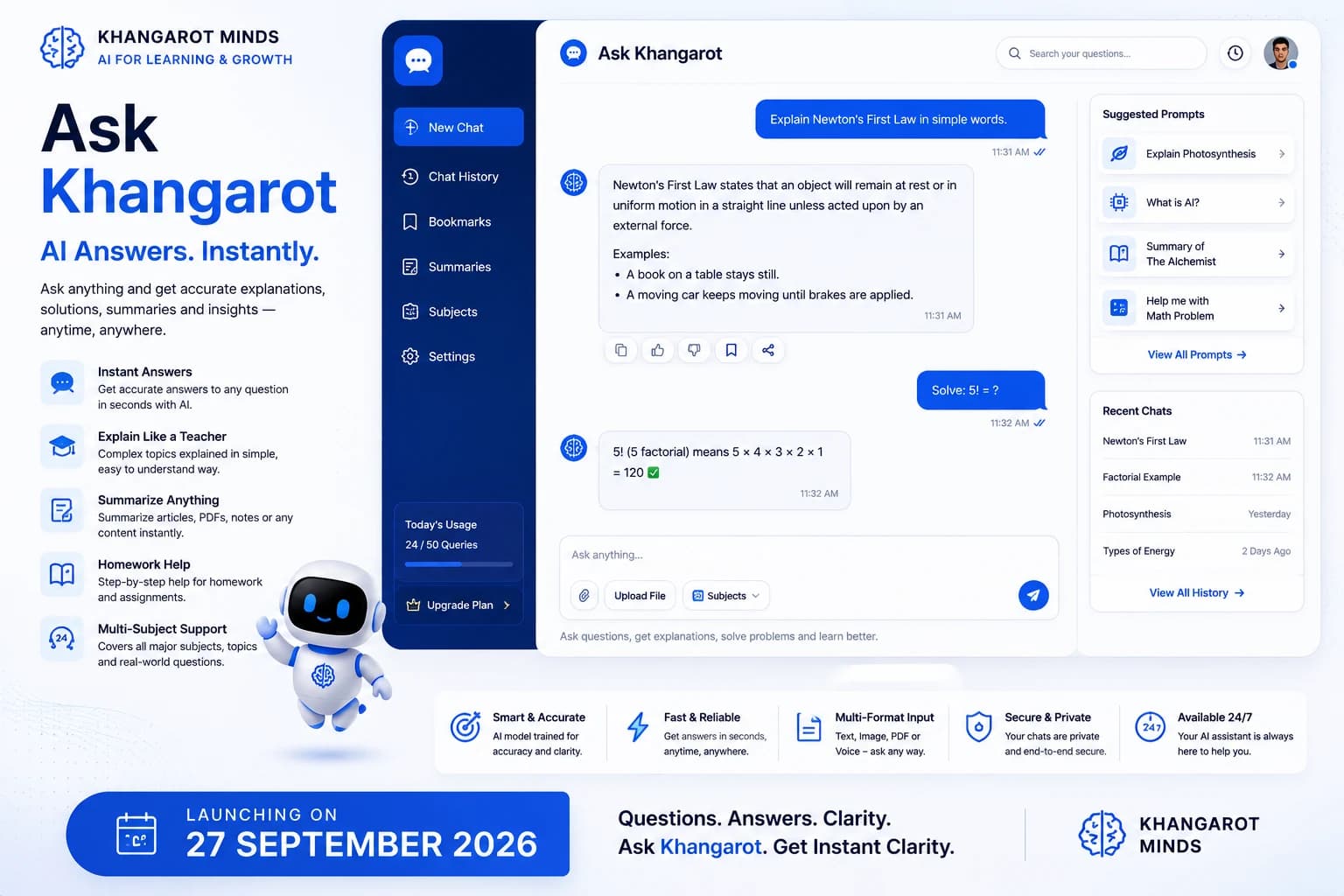 Ask Khangarot AI assistant concept answering learning questions inside a focused chat interface