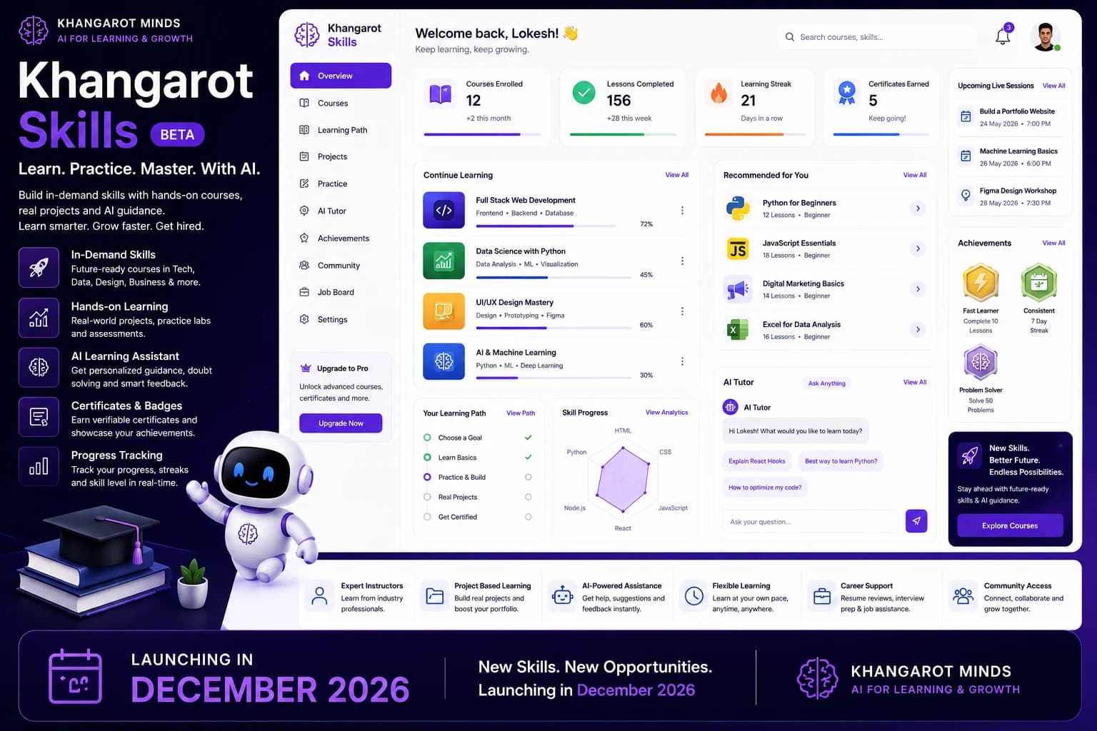 Khangarot Skills future learning environment concept with courses, projects, AI tutoring and progress tracking