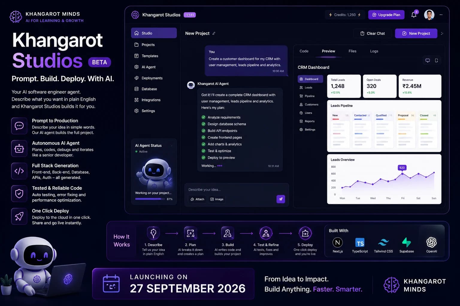 Khangarot Studios concept showing an original AI agent workflow and a product preview