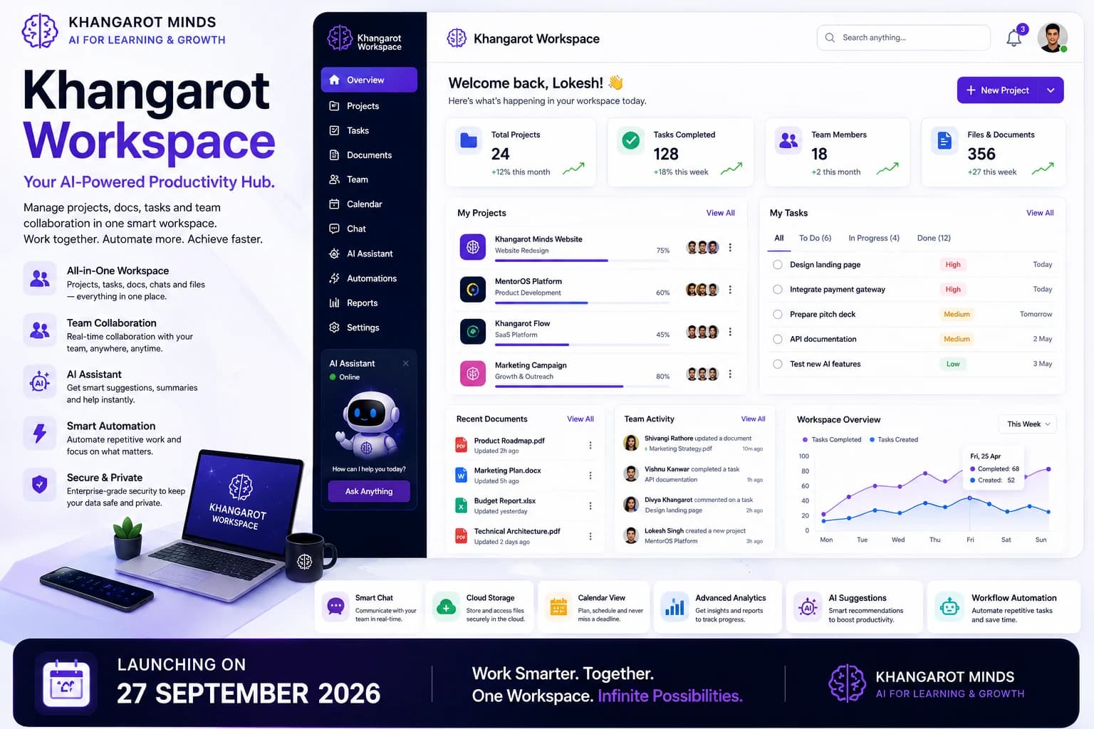 Khangarot Workspace productivity concept with projects, tasks, documents, team activity and progress insights