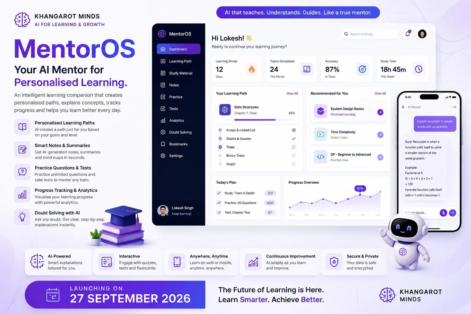 MentorOS personalized learning dashboard concept with learning paths, recommendations and an AI mentor