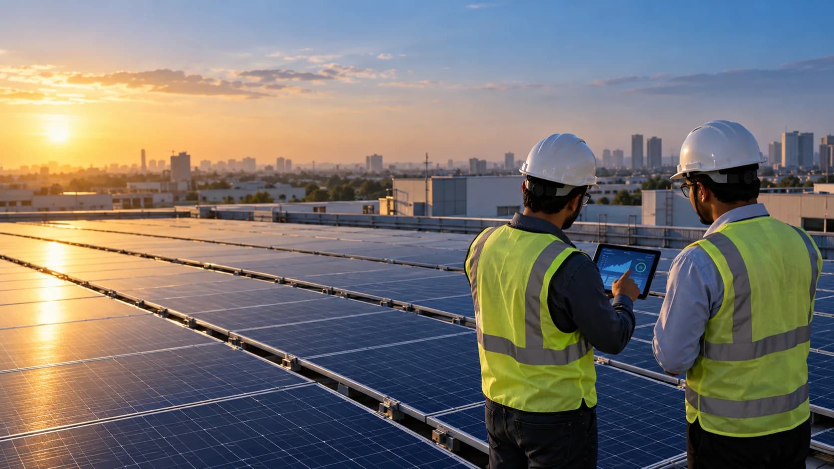 Solar engineers reviewing a rooftop photovoltaic installation